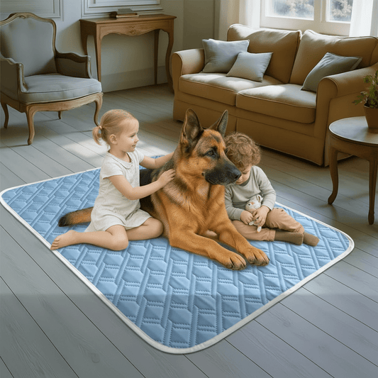 deux enfant et toutou sur tapis réfrigéré pour chien