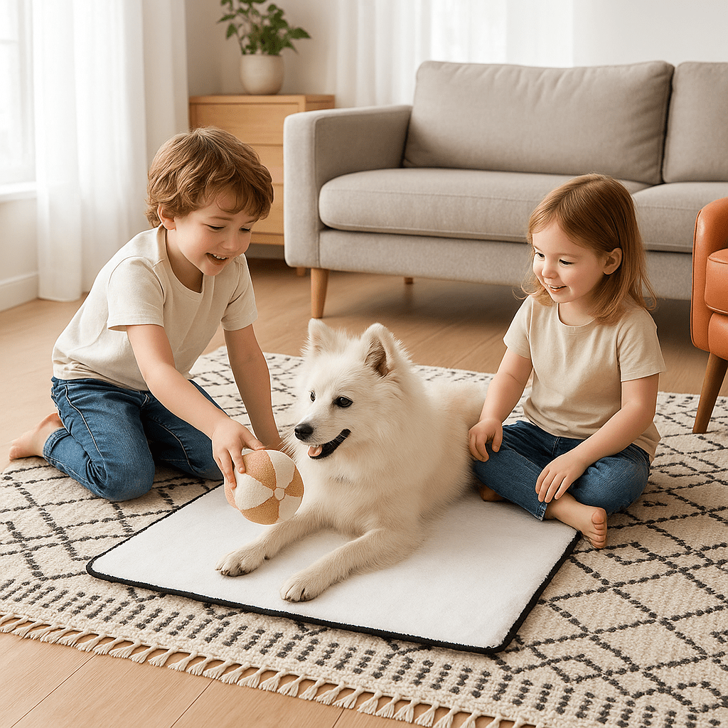 deux enfants avec chien allonge  tapis  pour chiens dans un salon 