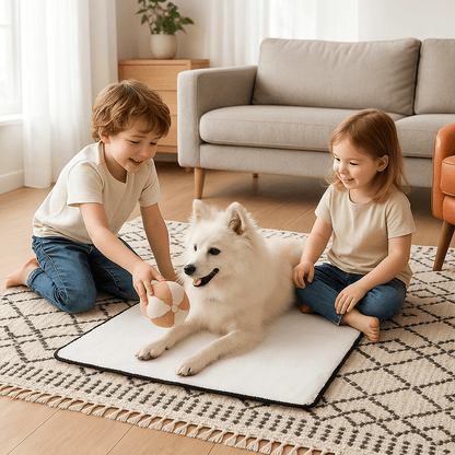 deux enfants avec chien allonge  tapis  pour chiens dans un salon 