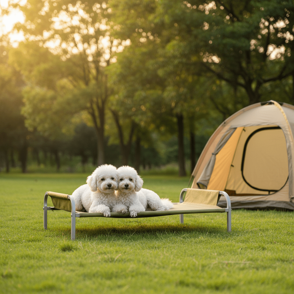 deux toutou sur lit surélevé chien au camping