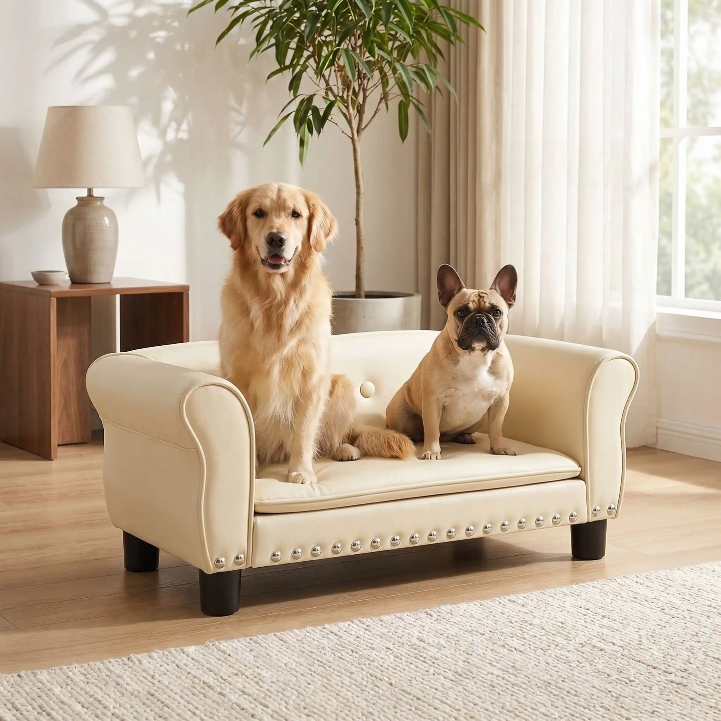 deux toutous dans canape lit pour chien structure en bois