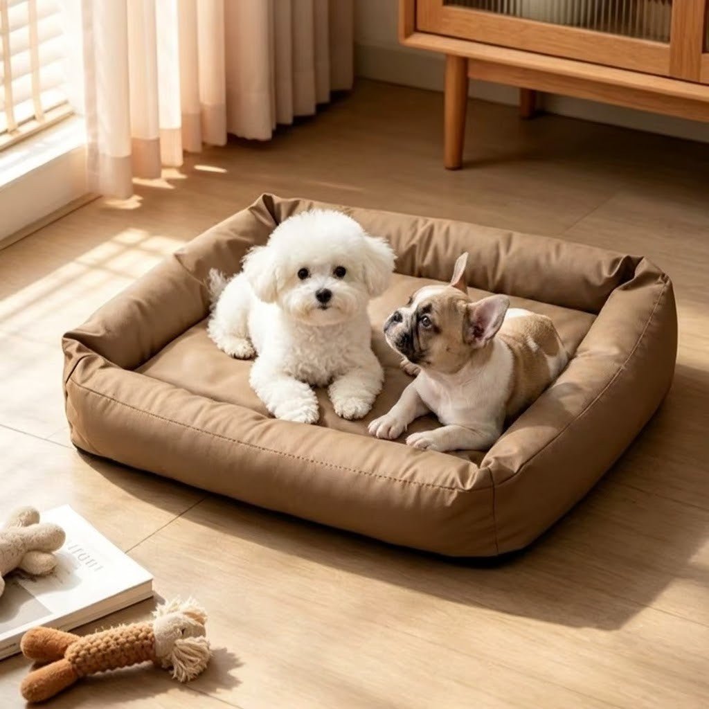 deux toutous dans coussin imperméable pour chien incontinent lavable