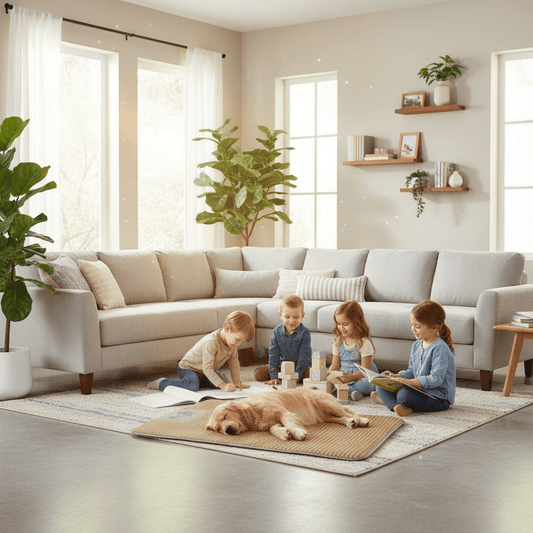 enfants autour de toutou qui dort dans coussin rafraichissant chien