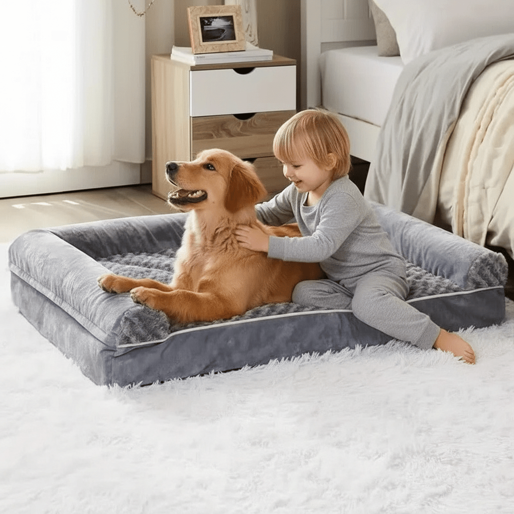 Enfant et golden retriever sur canapé pour chien XXL