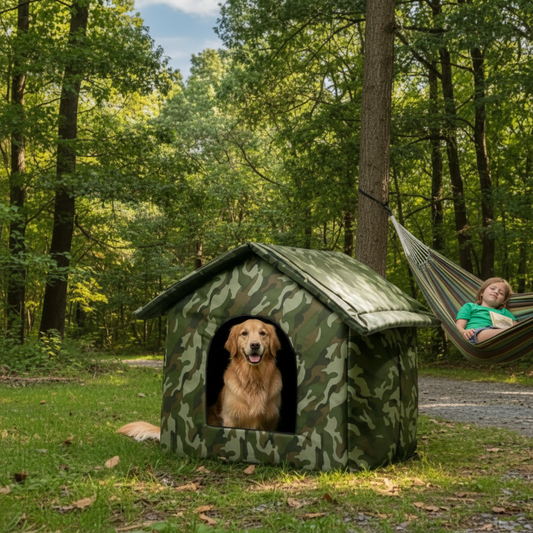 enfant dans hamac a cote de niche pour chien extérieur