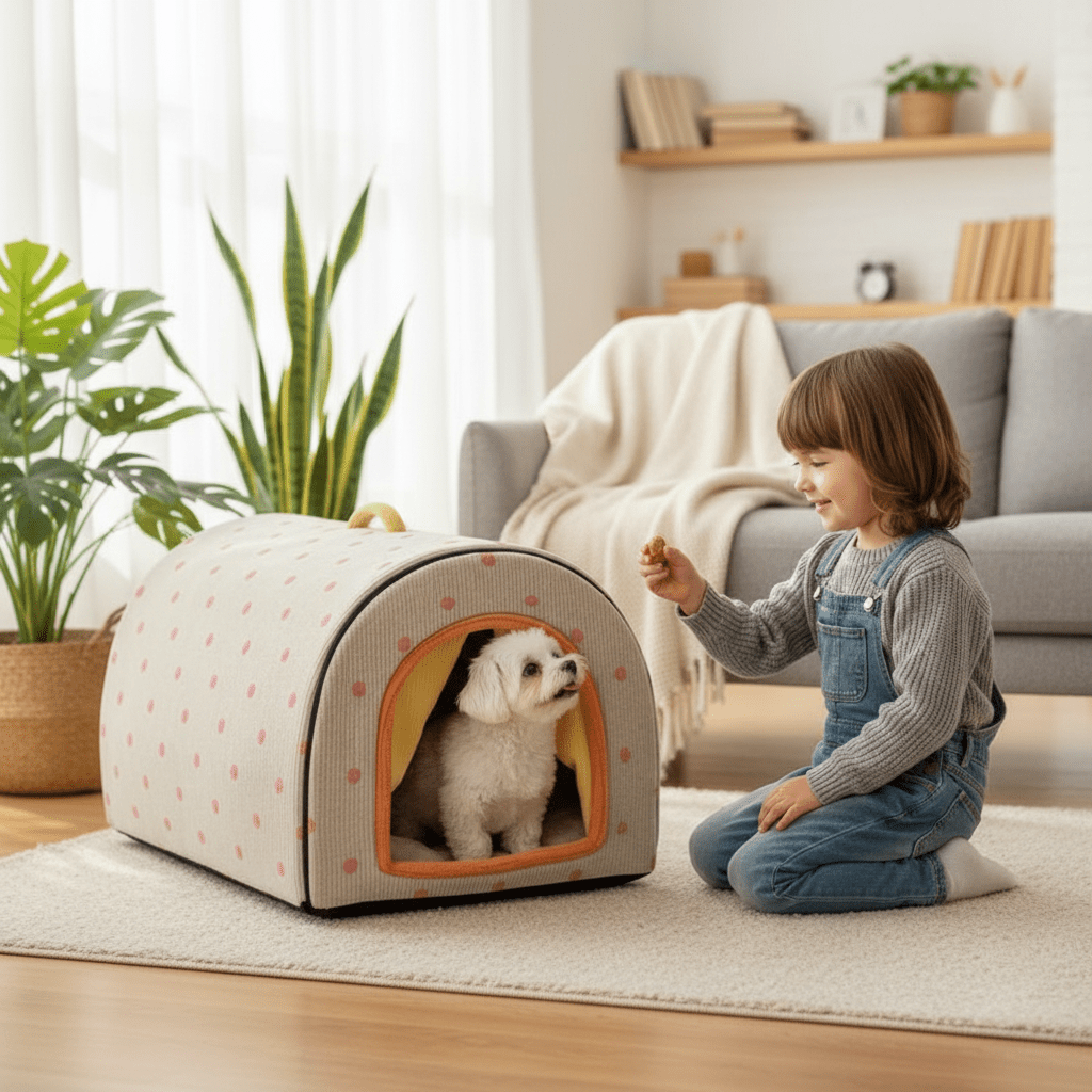 enfant donne des friandise pour toutou dans maison chien intérieur