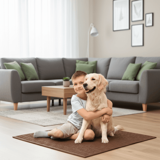 enfant et son toutou  sur tapis rafraichissant chien