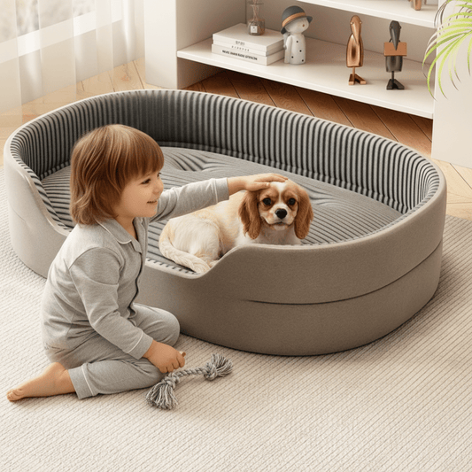 enfant joue avec son toutou dans coussin chien rafraichissant et orthopédique