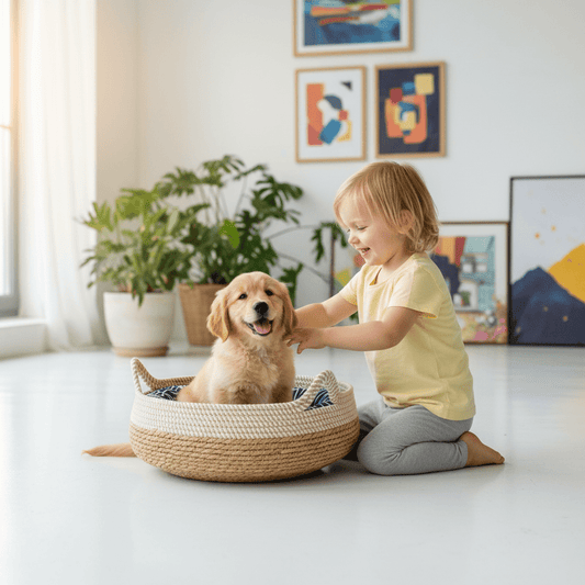 enfant joue avec son toutou dans coussin rafraichissant pour chien d'ete