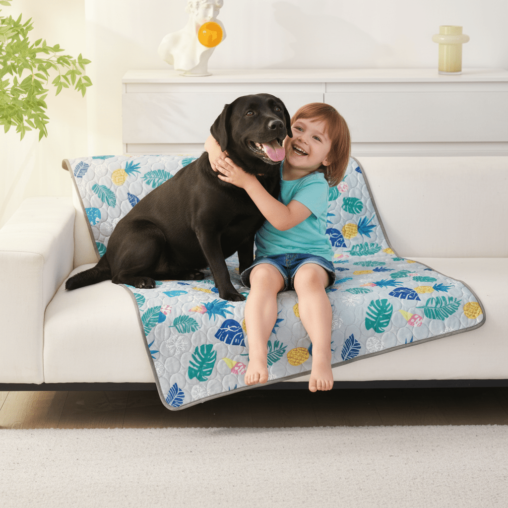 enfant joue avec son toutou sur couverture rafraichissant chien