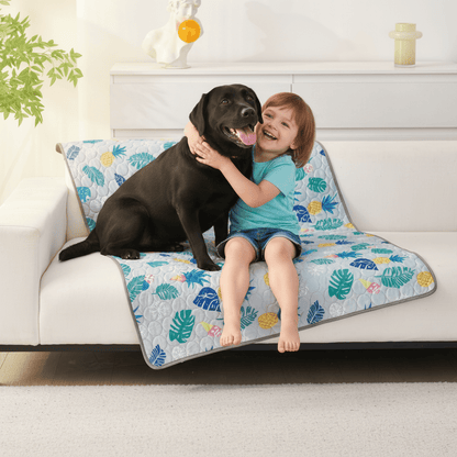 enfant joue avec son toutou sur couverture rafraichissant chien