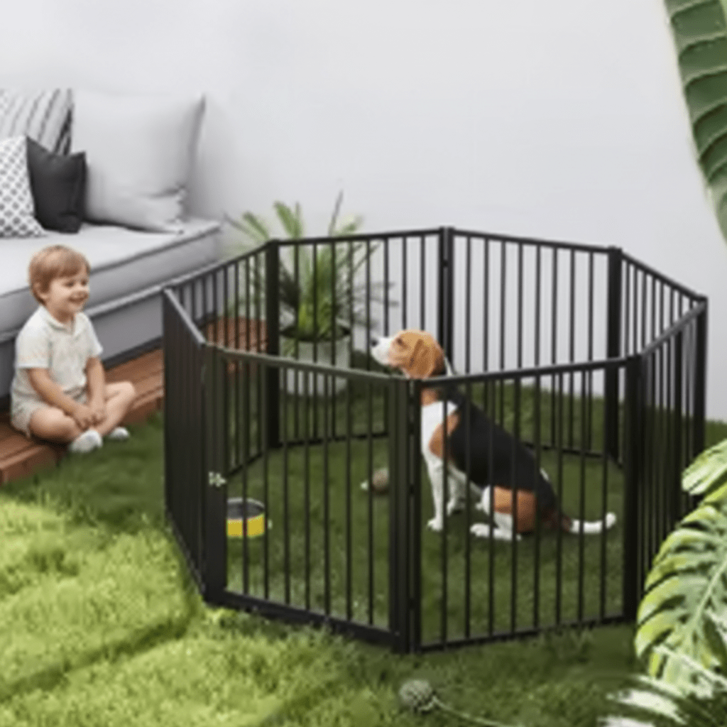 enfant regarde son toutou dans parc pour chien pliable