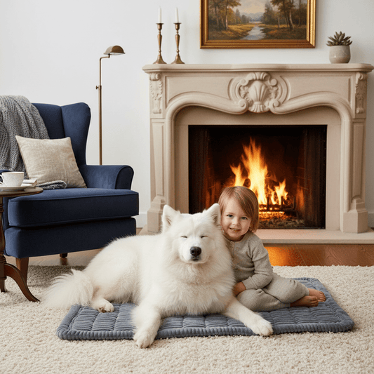 enfant toutou sur sofa pour chien devant la cheminée 