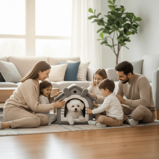 famille entouré le toutou dans maison pour chien