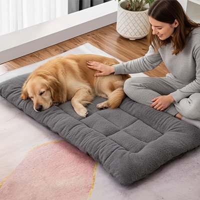 femme caresse son chien allonger sur tapis pour chien gris 