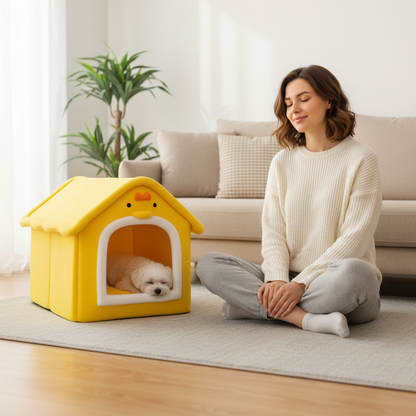 femme admire son toutou dans niche pour_chien intérieure
