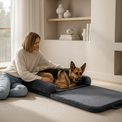 femme caresse son toutou allonger dans canape pour chien XXL