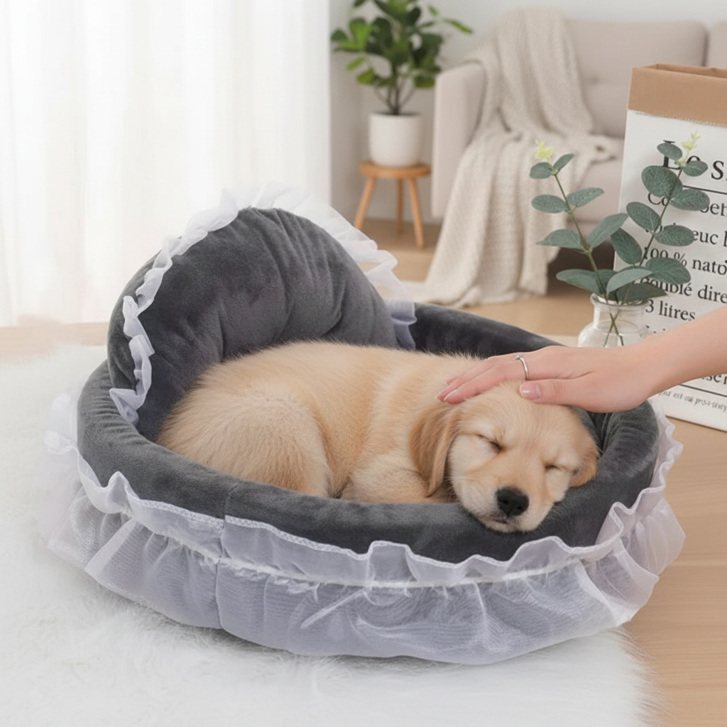 femme caresse son toutou dans lit pour chien princesse