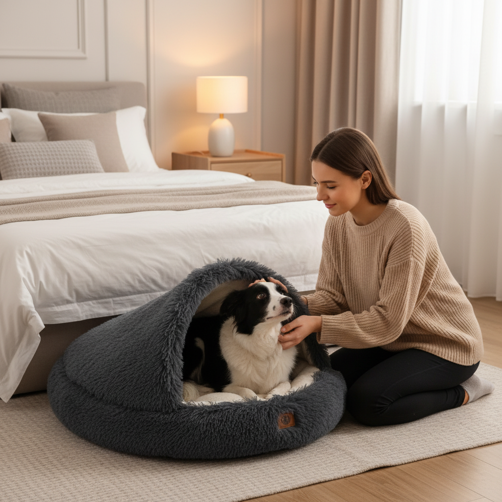femme caresse son toutou dans niche pour chien intérieur design