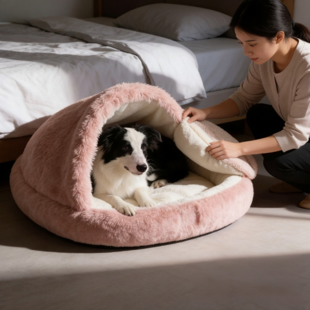 femme caresse son toutou dans niche pour chien intérieur
