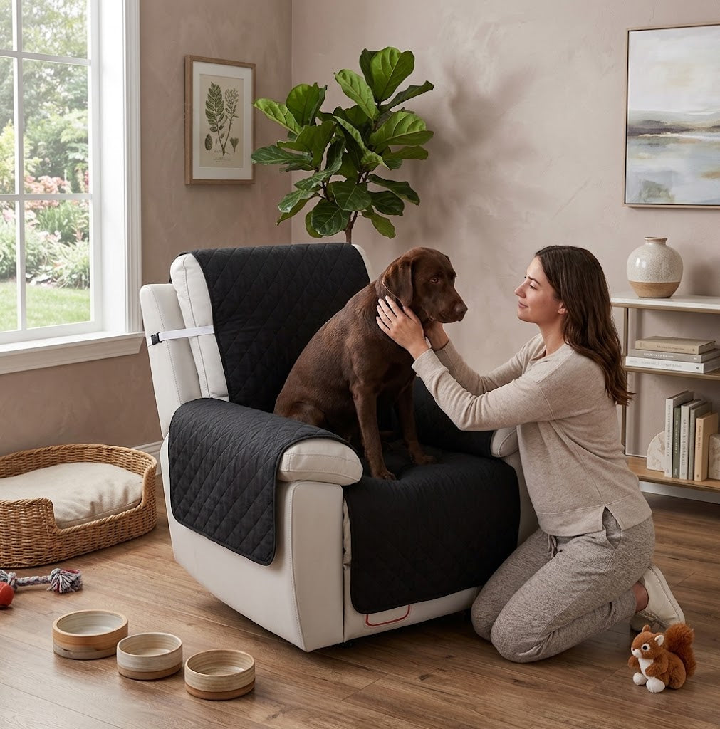femme caresse son toutou sur protection canape chien noir