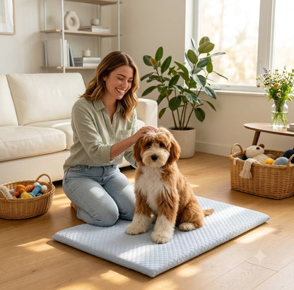 femme caresse son toutou sur tapis rafraichissant chien grand taille