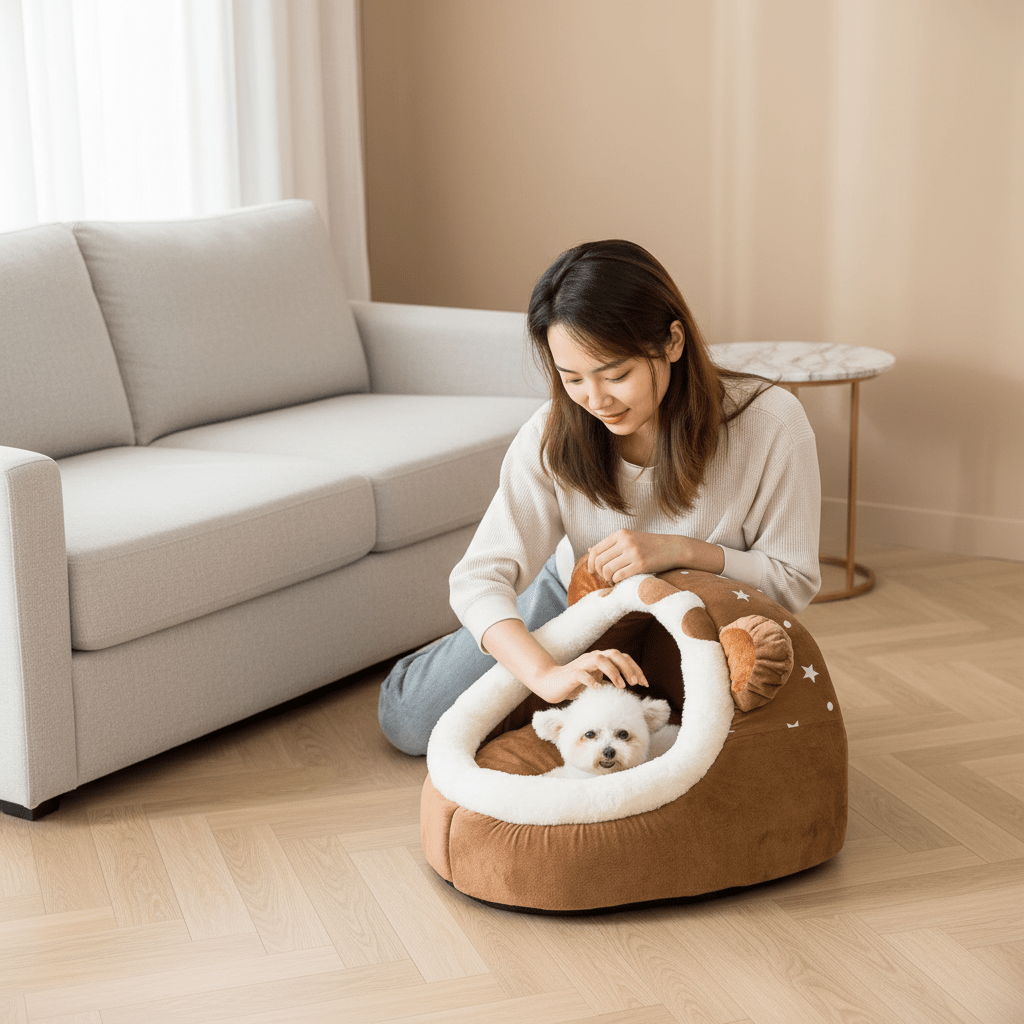 femme caresse toutou dans panier igloo pour chien