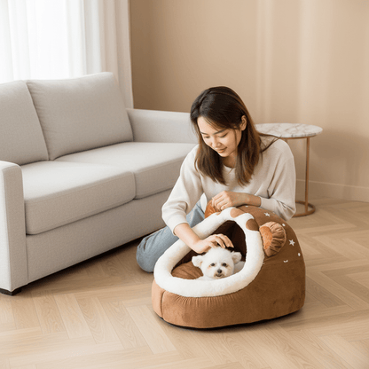 femme caresse toutou dans panier igloo pour chien