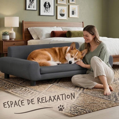 femme contente de son toutou allonger sur canape chien xxl