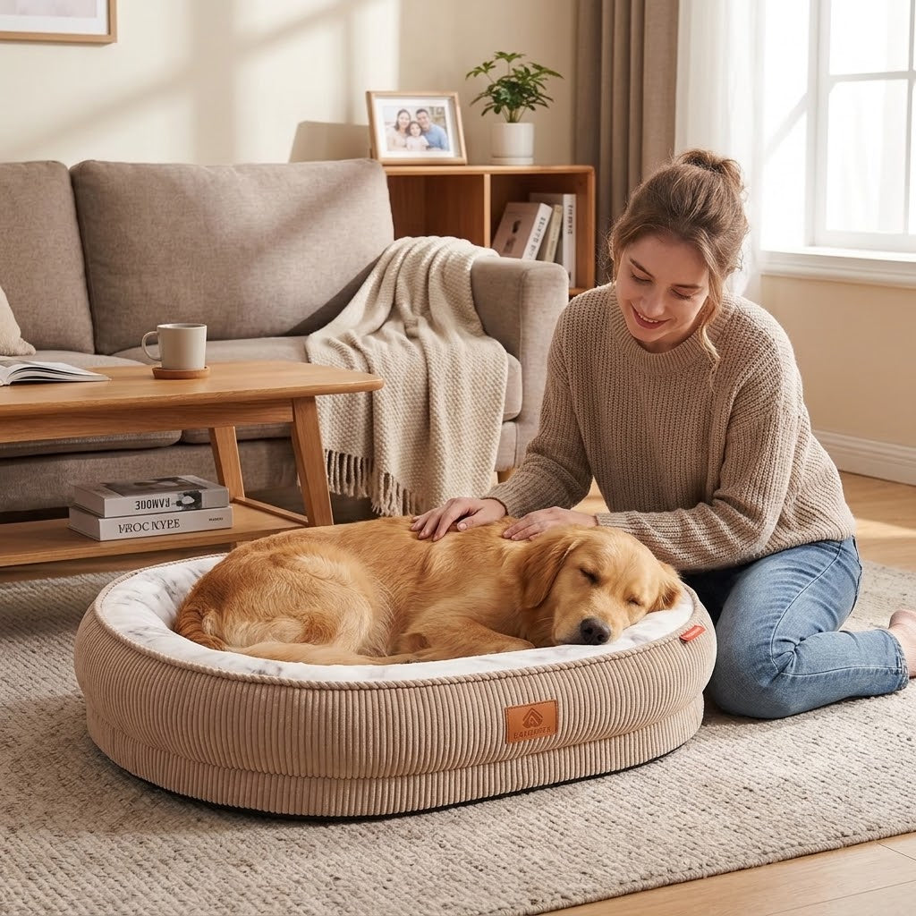 femme contente de son toutou dans panier chien en velours doux 