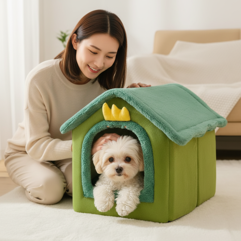 femme devant niche pour chien en peluche vert