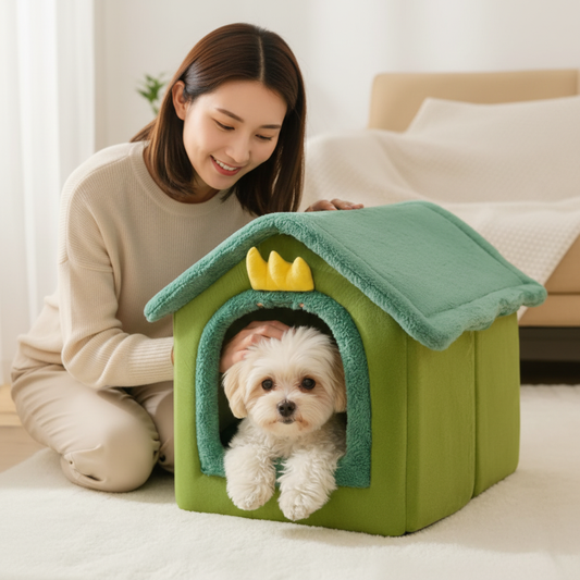 femme devant niche pour chien en peluche vert