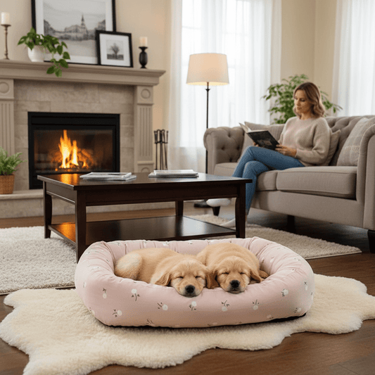 femme et ses toutou dans coussin chiens devant cheminai