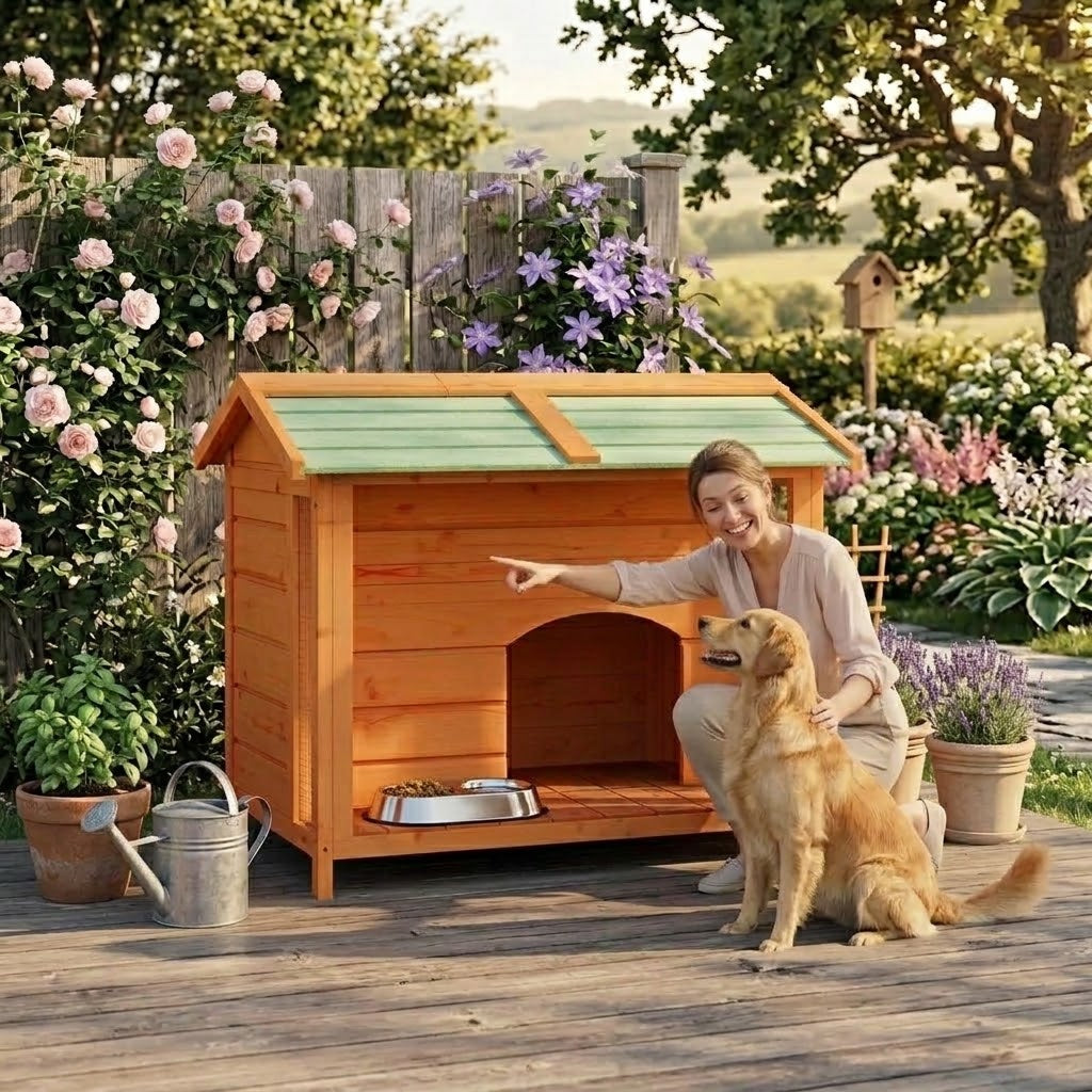 femme et son toutou content devant la cabane pour chien en bois