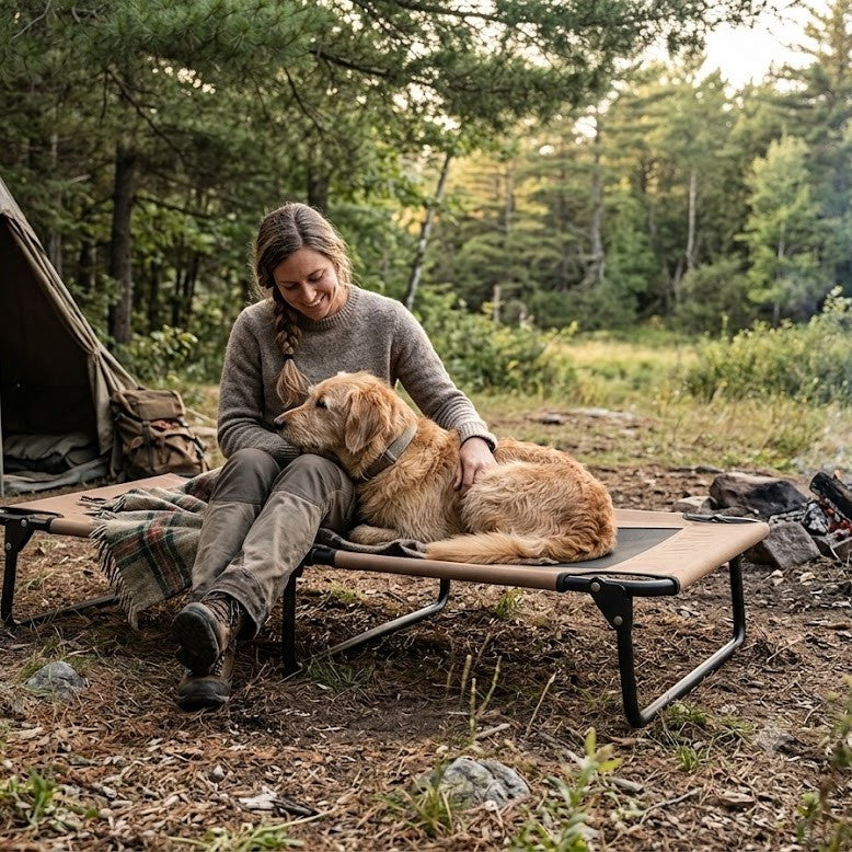 femme et son toutou sur lit pour chien surélevé xxl