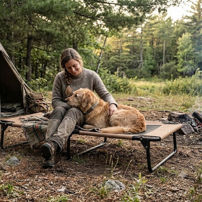 femme et son toutou sur lit pour chien surélevé xxl