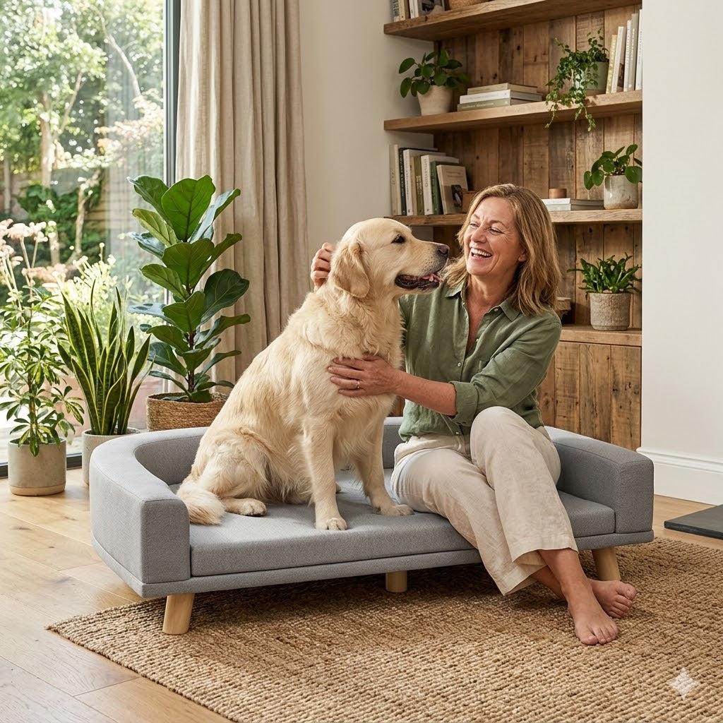 femme heureuse avec son toutou dans canapé lit, chien XXl 