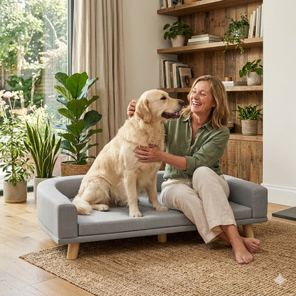 femme heureuse avec son toutou dans canapé lit, chien XXl 