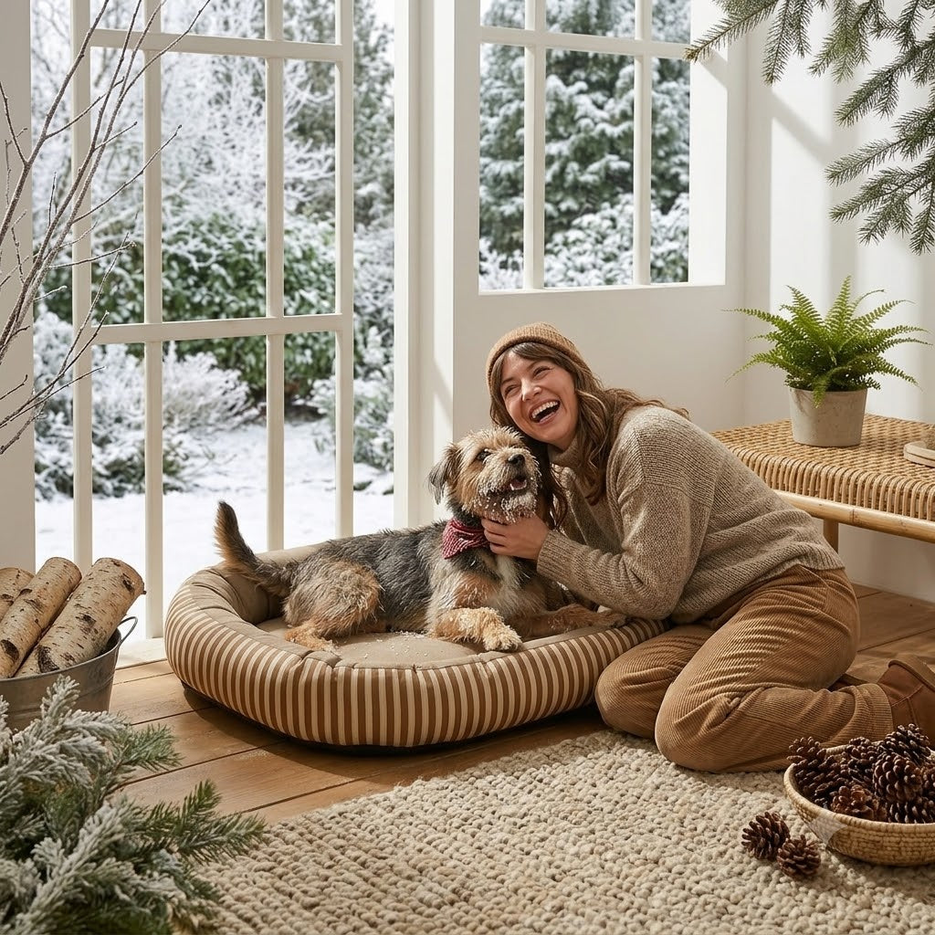 femme heureuse avec toutou dans meilleur coussin orthopédique pour chien