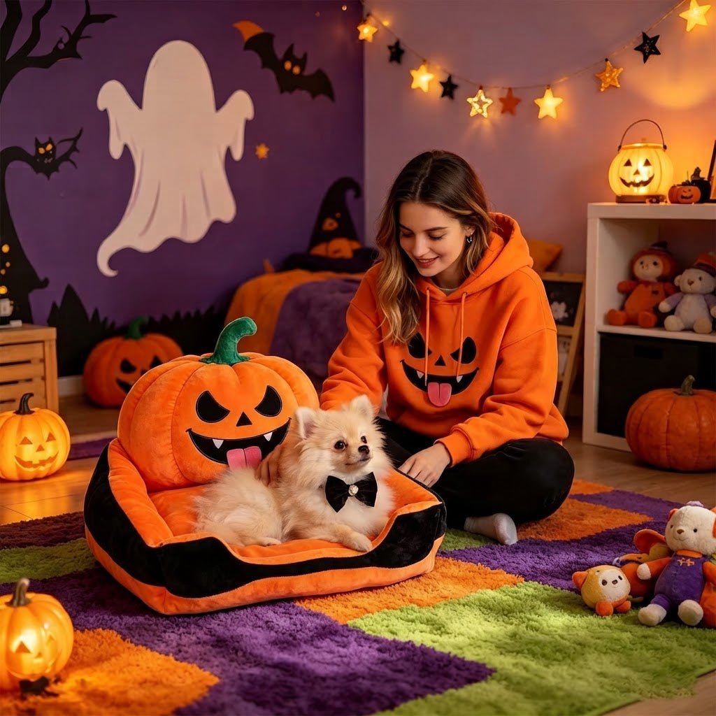 femme joue avec son toutou dans le petit canape pour chien