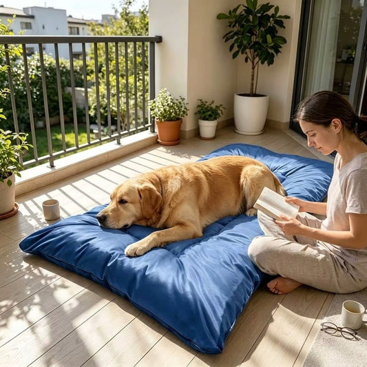 femme lit et son toutou dans tapis pour chien rafraichissant 