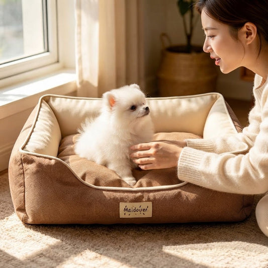 femme parle a son toutou dans son canape pour petit chien
