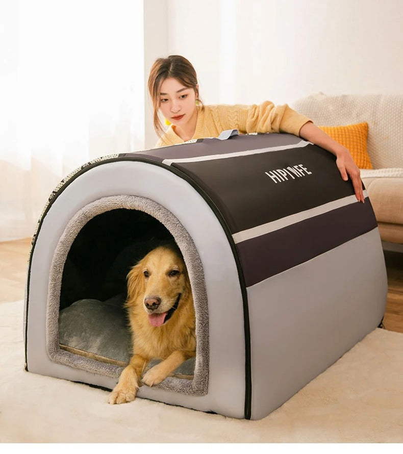femme prend la niche du chien dans les bras