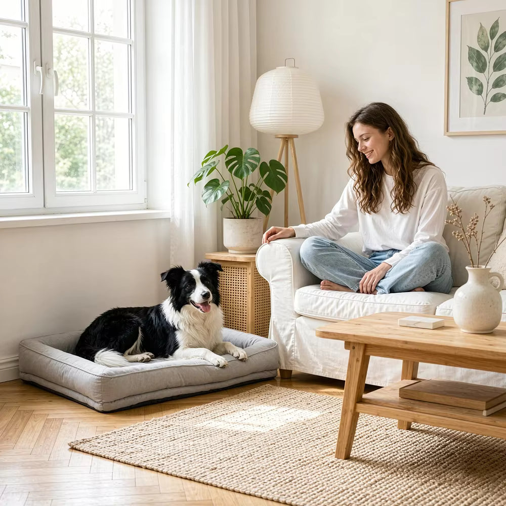 femme regarde son toutou dans canape pour chien xxl