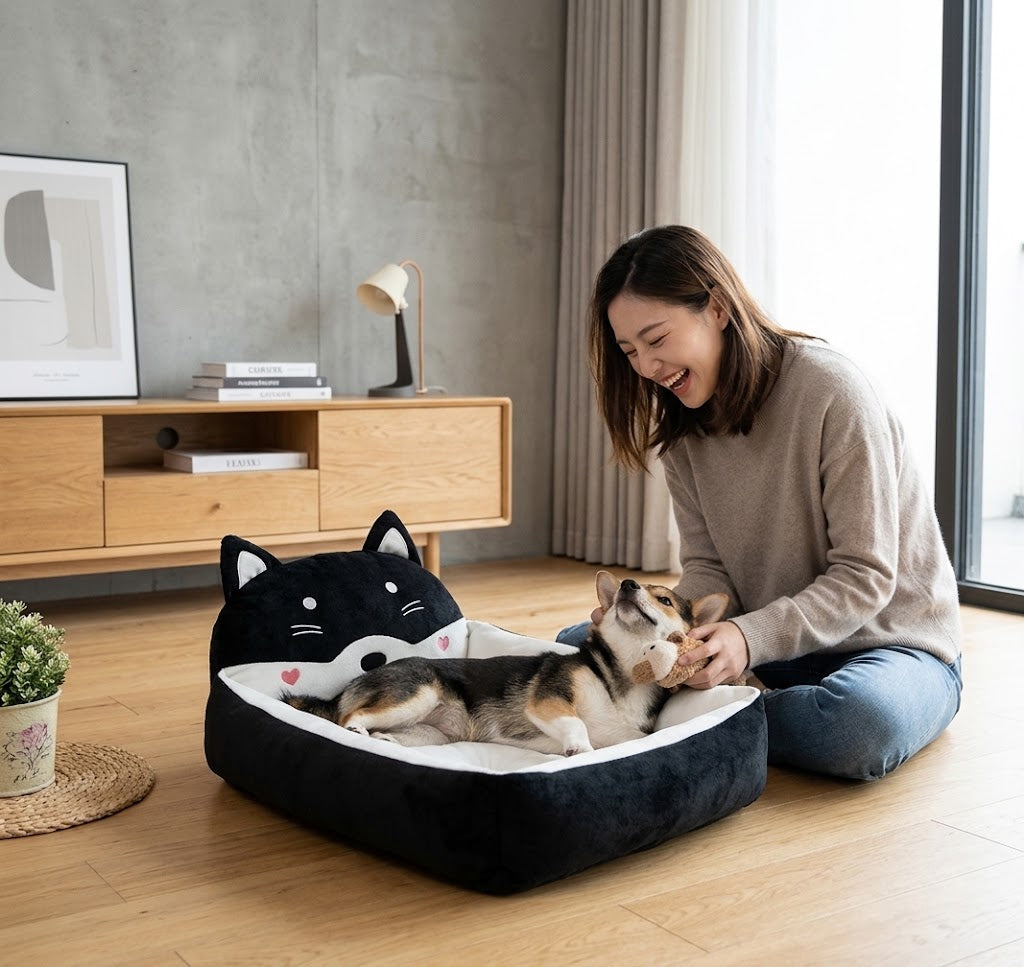 femme rigole avec son toutou dans le panier chien doux