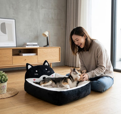 femme rigole avec son toutou dans le panier chien doux