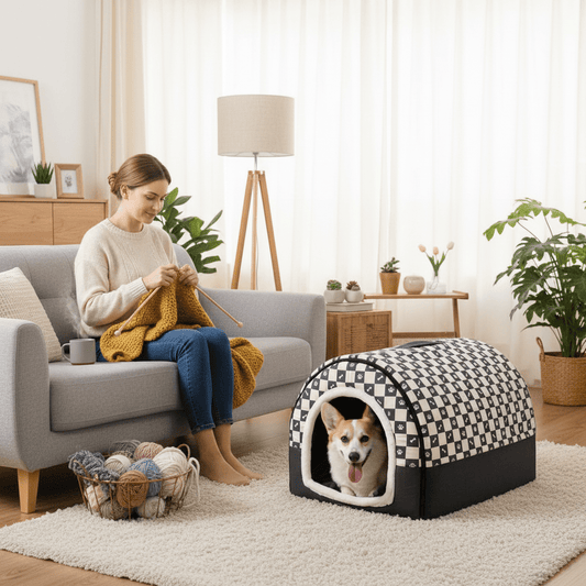 femme tricote a cote toutou dans toiture pour niche chien antidérapant