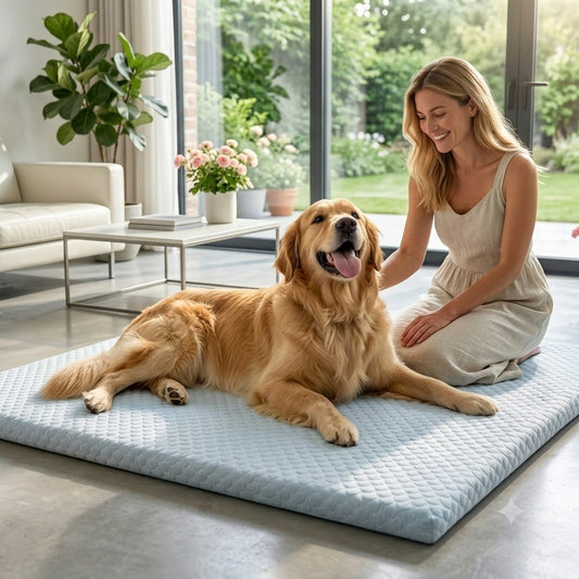 femme contente son toutou sur tapis rafraichissant chien grand taille