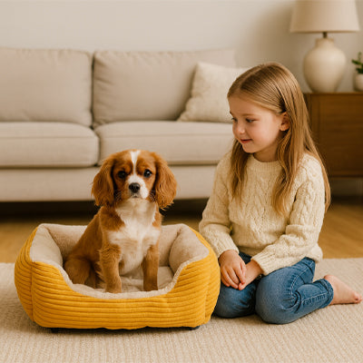 fille contente chien dans coussin chien douillet jaune