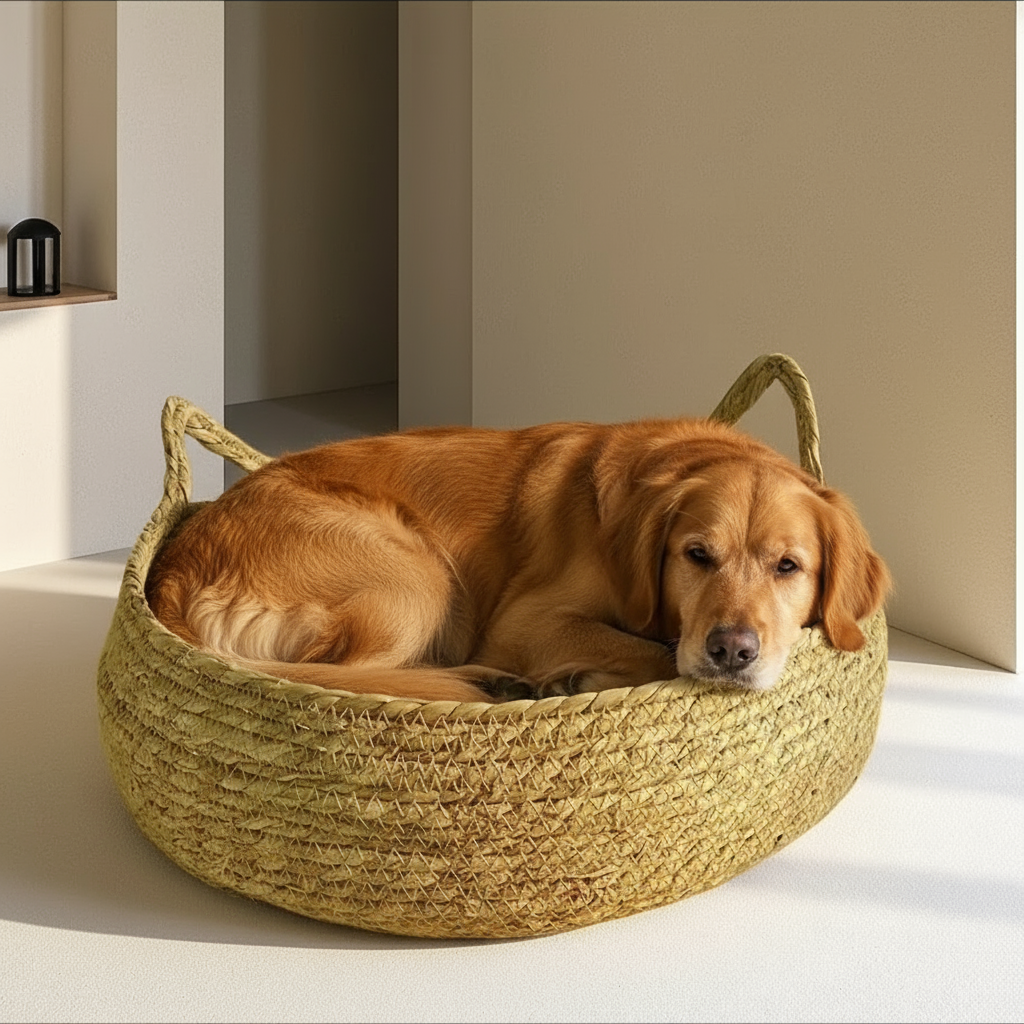 grand chien dans coussin pour chien en_rotin